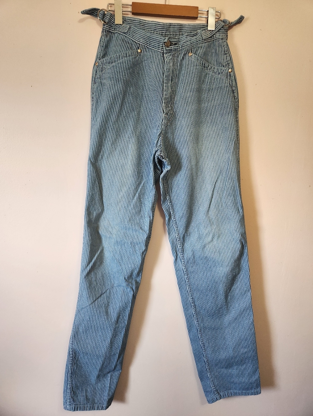 Vintage Howick Hickory Stripe Cinch Back Railroad Denim Workwear Pants 28 High